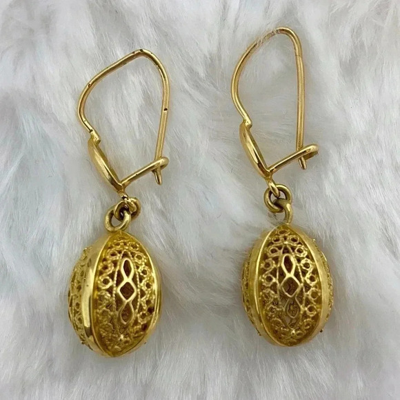 Rare 14k Gold Greek Byzantine Filigree Pendant Egg Earrings - Picture 6 of 8